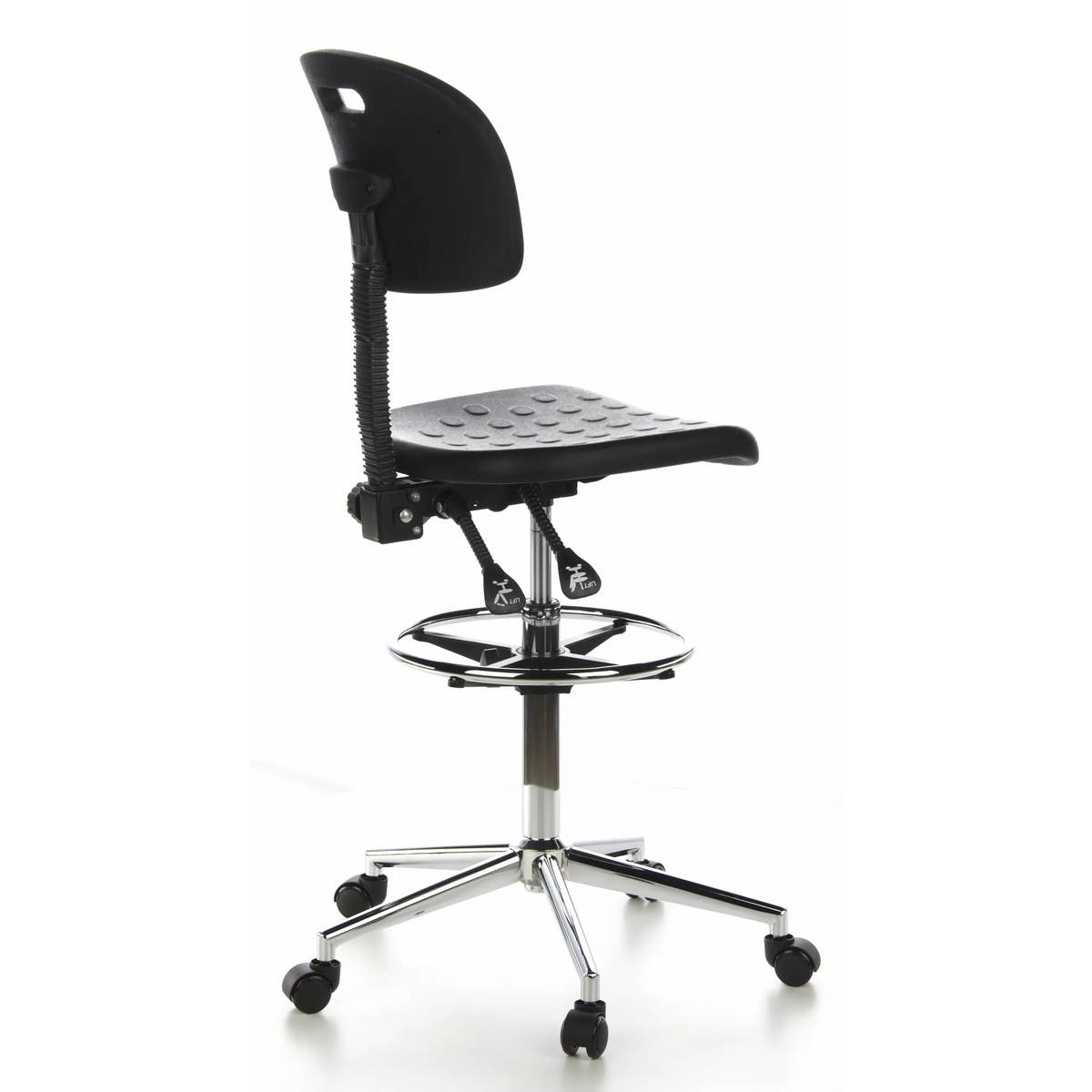 Sedia da banco nera TOP WORK 23 con poggiapiedi e base a cinque ruote di hjh OFFICE – vista a 360° (vista posteriore a tre quarti 120°)
