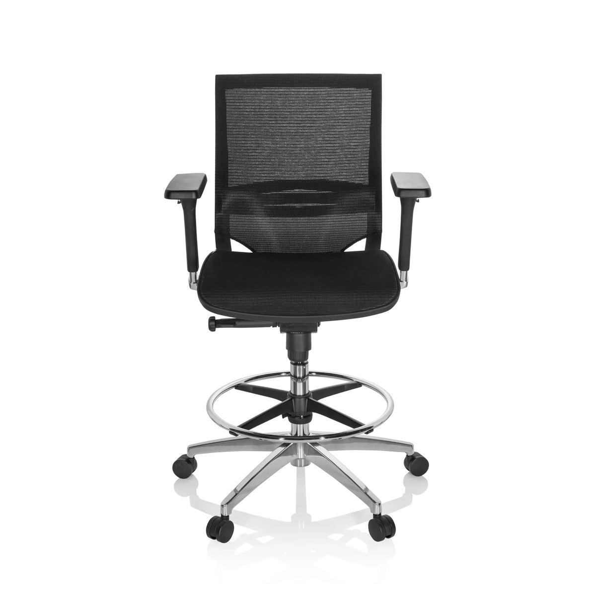 Sedia da banco TOP WORK 78 nera con schienale in rete, anello poggiapiè e base a cinque ruote di hjh OFFICE – vista a 360° (vista frontale 0°)