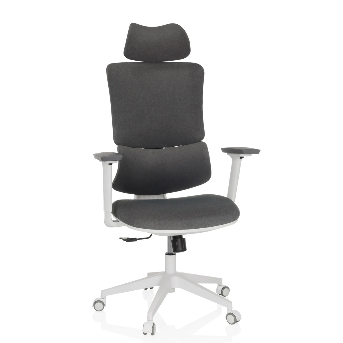 Sedia Home Office ERGOMY WF grigia con rivestimento in tessuto, struttura bianca e base a cinque ruote di MyBuero – vista a 360° (vista frontale 15°)