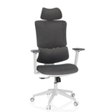 Sedia Home Office ERGOMY WF grigia con rivestimento in tessuto, struttura bianca e base a cinque ruote di MyBuero – vista a 360° (vista frontale 15°)