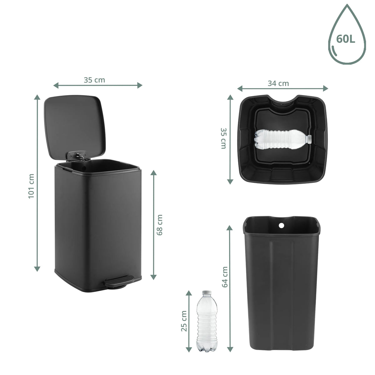 Disegno tecnico del Cestini Clean Step 4 con capacità di 60 l e un'altezza di 101 cm di hjh OFFICE