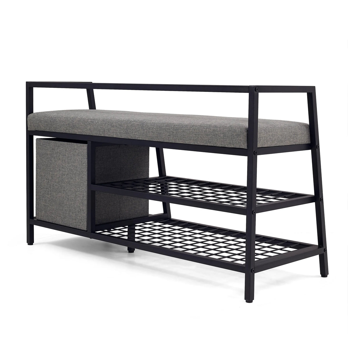 Scarpiera Estha Loft in nero e grigio con seduta grigia e due ripiani a griglia di hjh LIVING