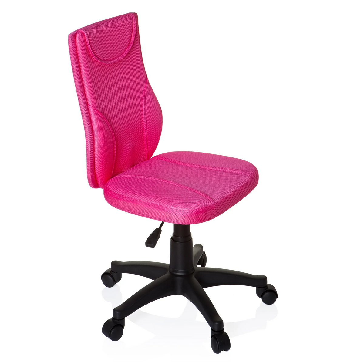 Sedia girevole per bambini KIDDY BASE rosa con schienale in rete e base nera a cinque ruote di hjh OFFICE – vista a 360° (vista frontale a tre quarti 60°)