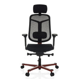 Sedia da ufficio high-end BICOLORE HIGH nera con schienale in rete, poggiatesta e base rossa a cinque ruote di hjh OFFICE – vista a 360° (vista frontale 0°)
