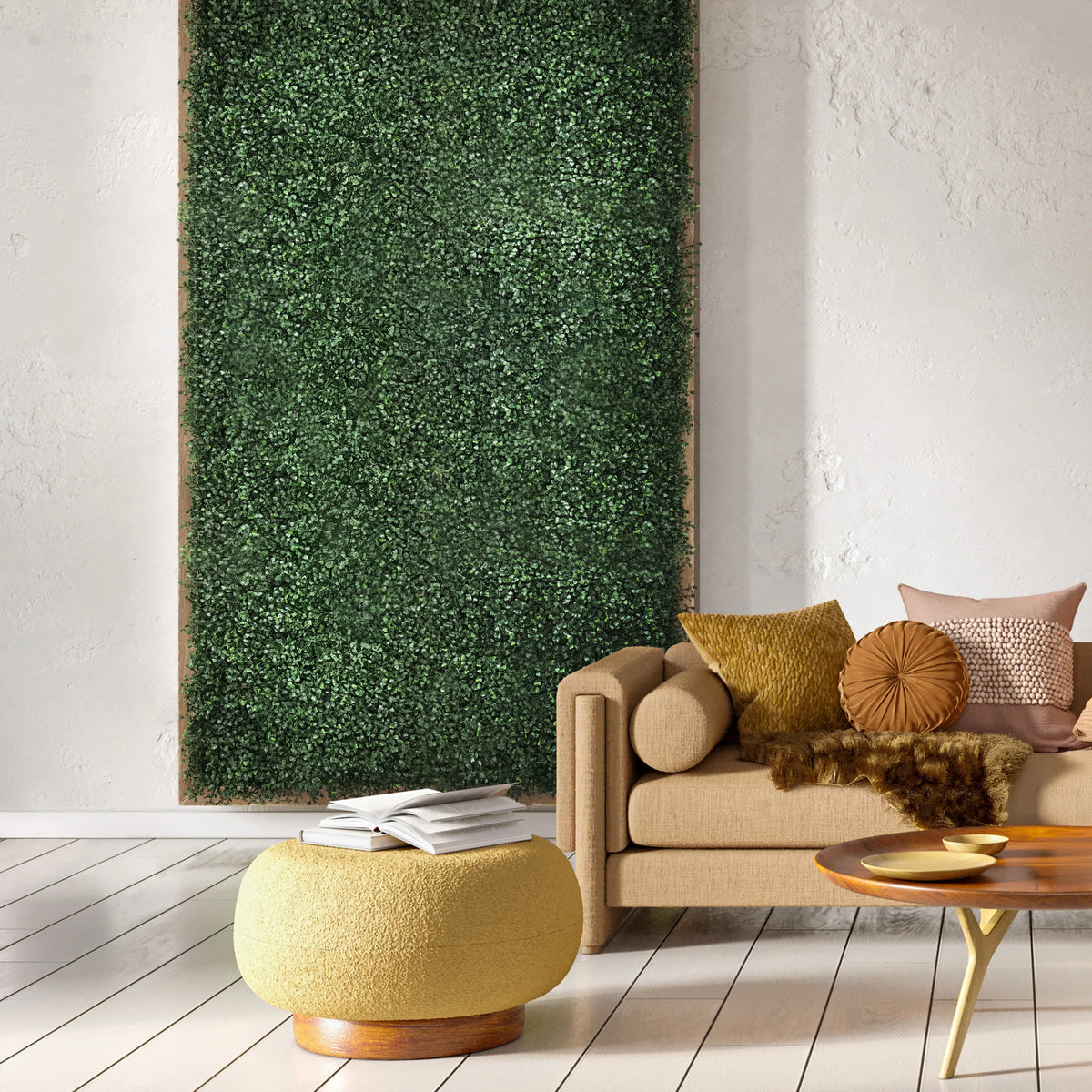 Pannello vegetale verde LEAFLUXE 1 come decorazione murale verticale in un soggiorno di hjh LIVING