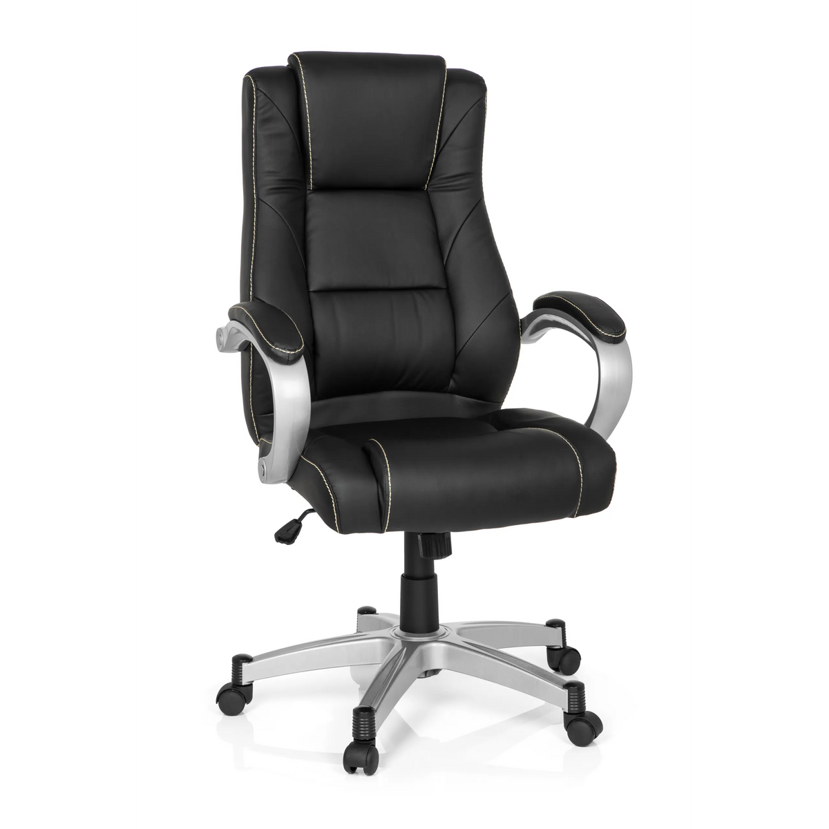 Sedia da gaming RELAX CL180 nera con imbottitura e base a cinque ruote di MyBuero – vista a 360° (vista frontale 20°)