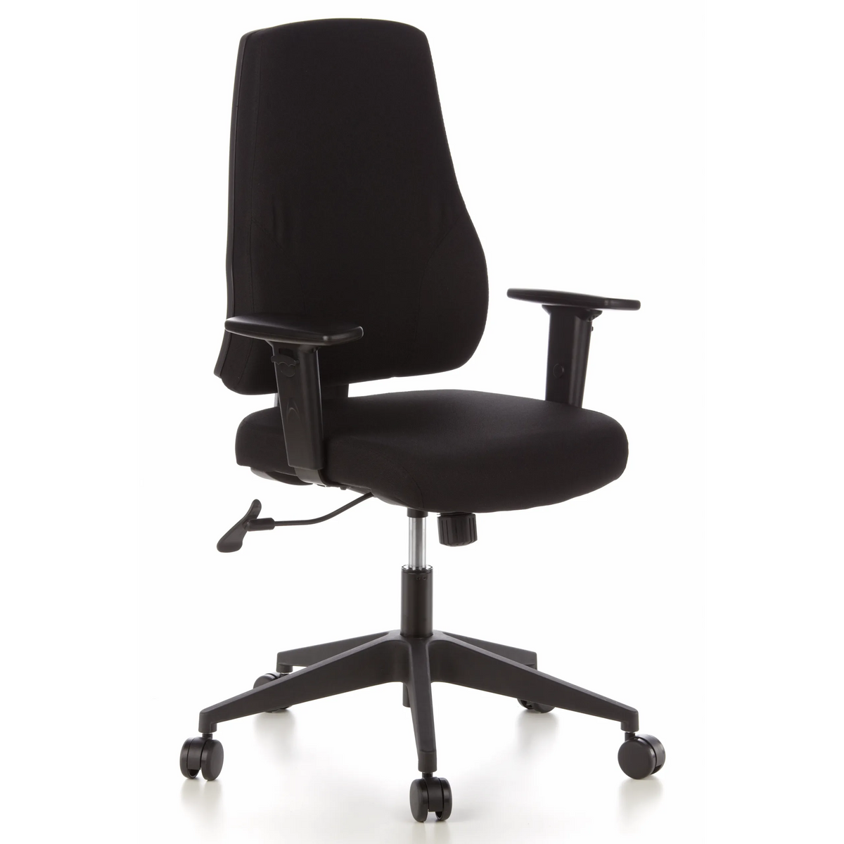 Sedia da ufficio professionale PRO-TEC 100 nera con braccioli e base a cinque ruote di hjh OFFICE – vista a 360° (vista frontale a tre quarti 40°)