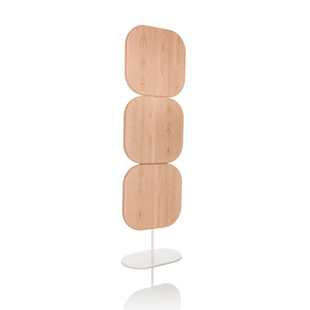 Parete divisoria beige FLEXMIUT W con tre elementi quadrati e base bianca di hjh OFFICE – vista a 360° (vista frontale a tre quarti 27°)