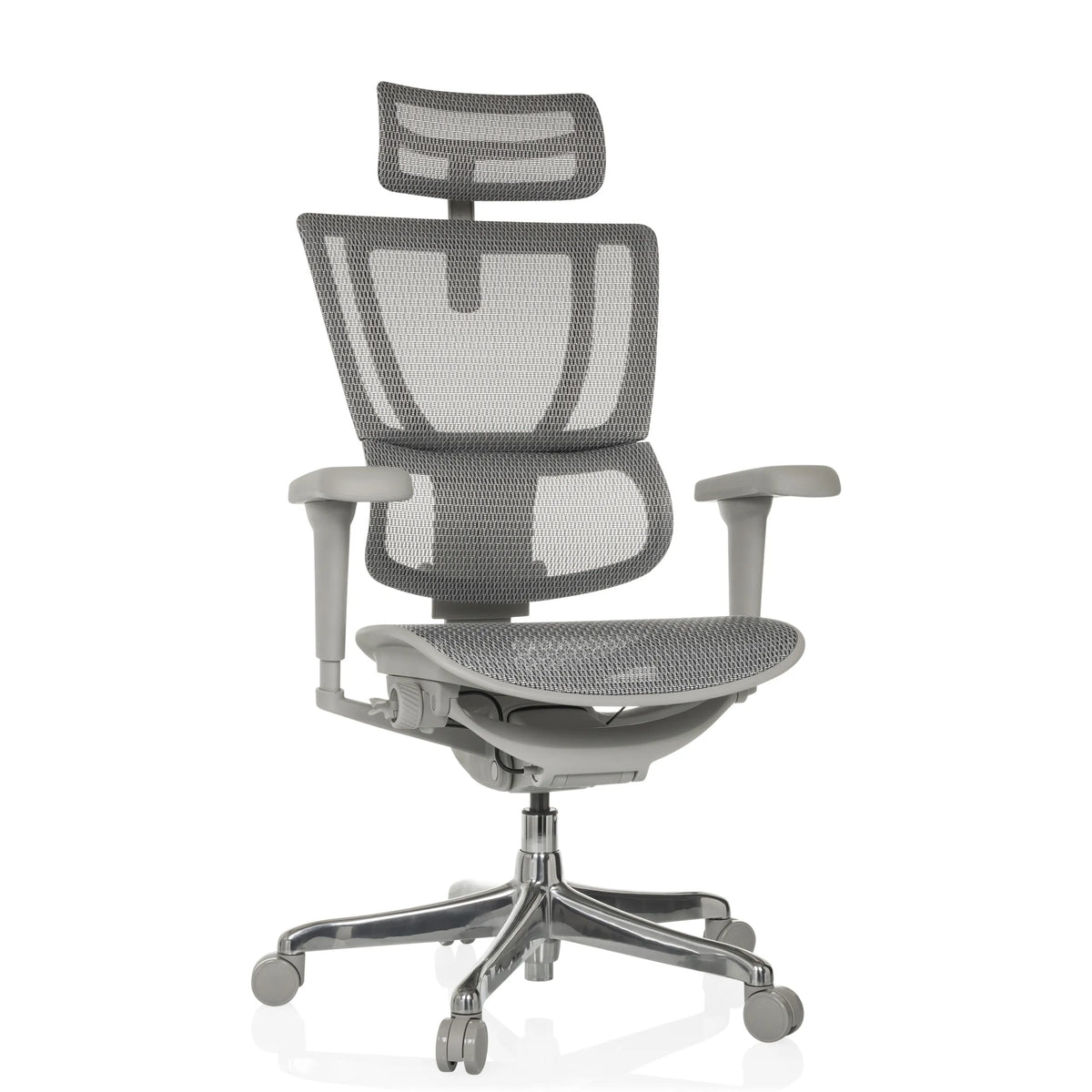 Poltrona di lusso ERGOHUMAN SLIM ULTRA G GEN2 grigia con schienale in rete e base a cinque ruote di hjh OFFICE – vista a 360° (vista frontale 15°)