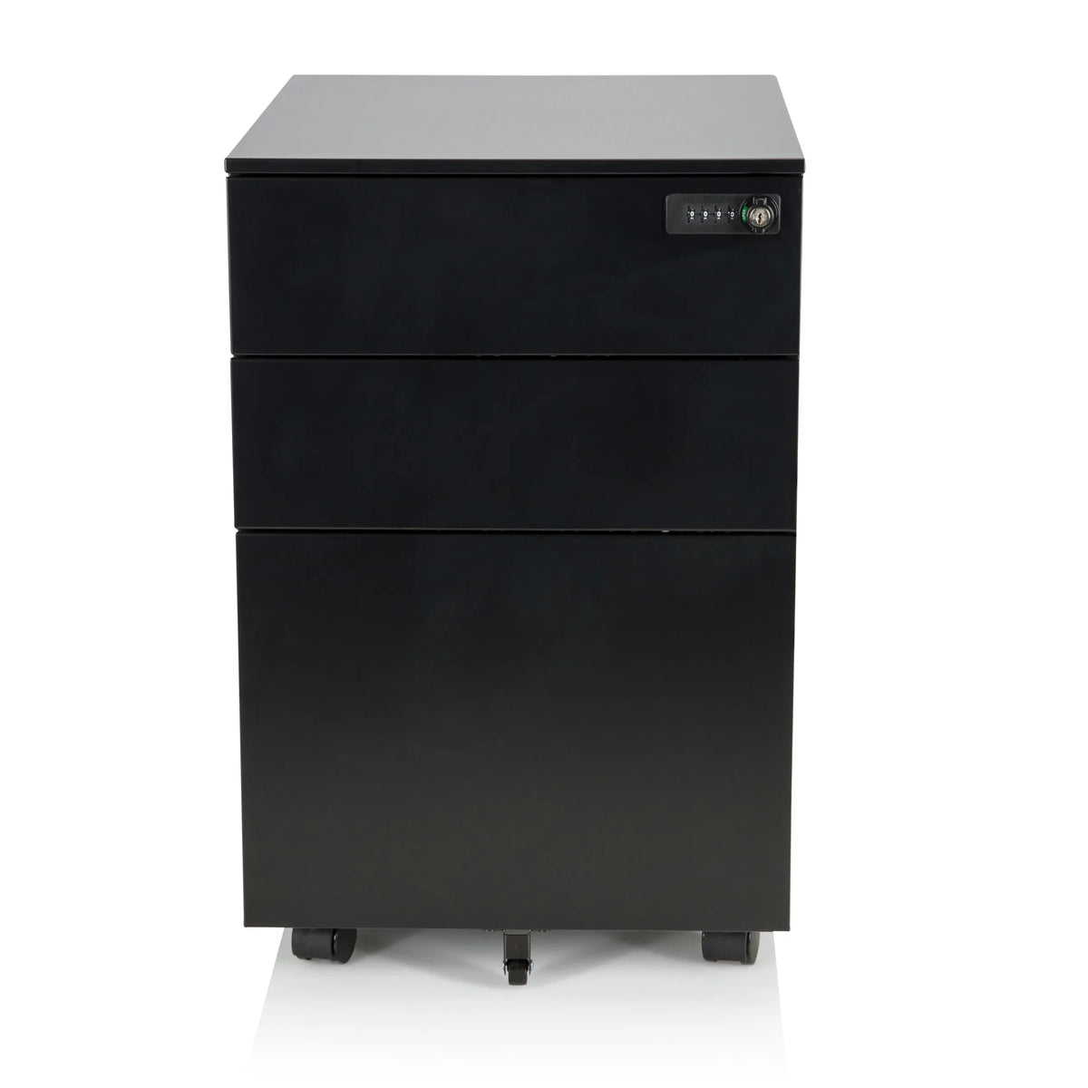 Schwarzer Rollcontainer COLOR OS I aus Metall mit drei Schubladen und Rollen von hjh OFFICE – 360-Grad-Ansicht (Frontansicht 0°)