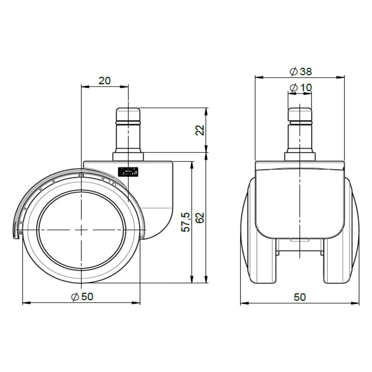Disegno tecnico delle rotelle per sedia 5x ROLO FREE 10mm/50mm con un diametro della rotella di 50 mm di hjh OFFICE