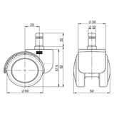 Disegno tecnico delle rotelle per sedia 5x ROLO FREE 10mm/50mm con un diametro della rotella di 50 mm di hjh OFFICE