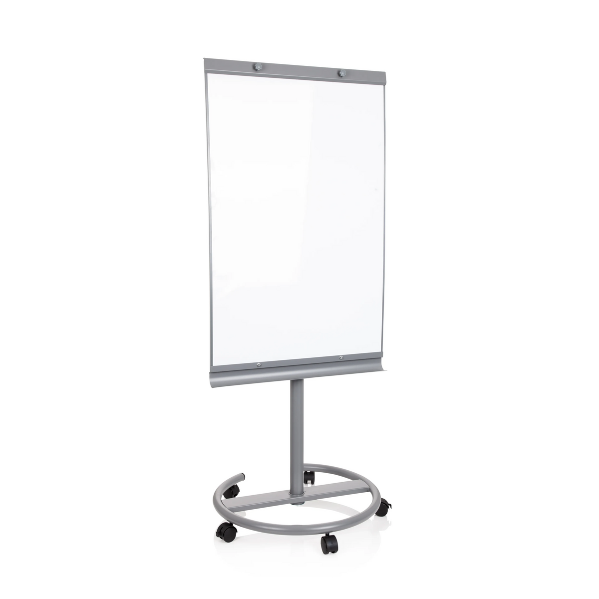 Silbernes Whiteboard MULTIBOARD auf einem fahrbaren Standfuß mit Rollen von hjh OFFICE – 360-Grad-Ansicht (Frontansicht 17°)