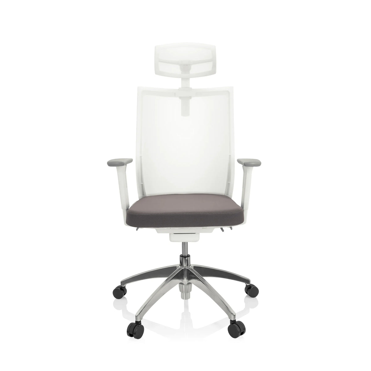 Sedia da ufficio professionale ASPEN WHITE PRO grigio-bianca con schienale in rete, poggiatesta e base a cinque ruote di hjh OFFICE – vista a 360° (vista frontale 0°)