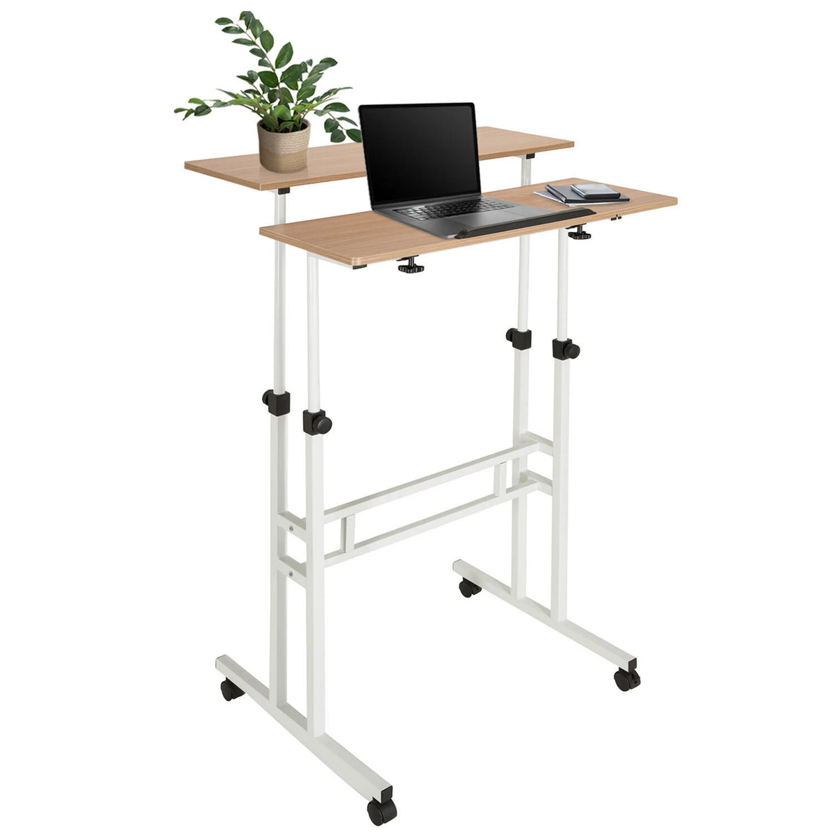 Scrivania in piedi WORKSTATION I in bianco e rovere con due livelli e ruote di hjh OFFICE