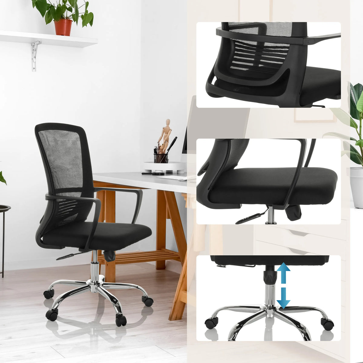 Sedia Home Office STAR-TEC S imbottita nera con schienale in rete e pistone a gas di hjh OFFICE