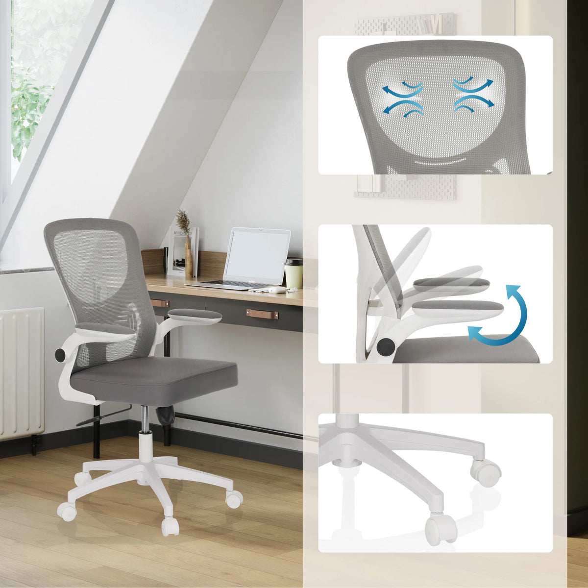 Sedia Home Office BELIO W grigia con schienale in rete, braccioli regolabili e rotelle di hjh OFFICE