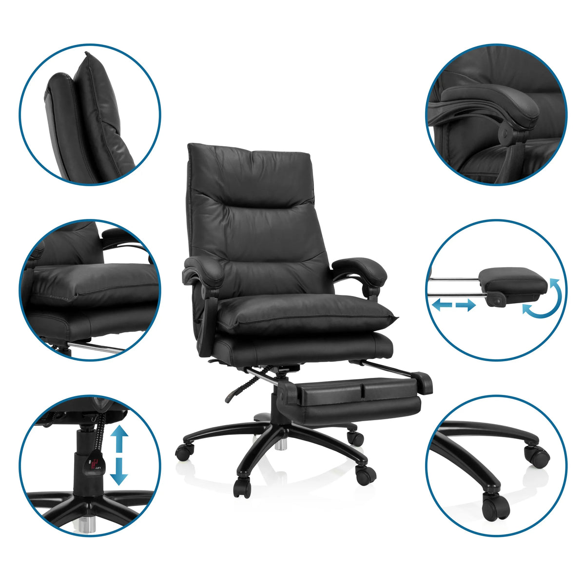 Poltrona Home Office RELAX CL 200 in ecopelle nera con poggiapiedi estraibile e viste dettagliate di MyBuero