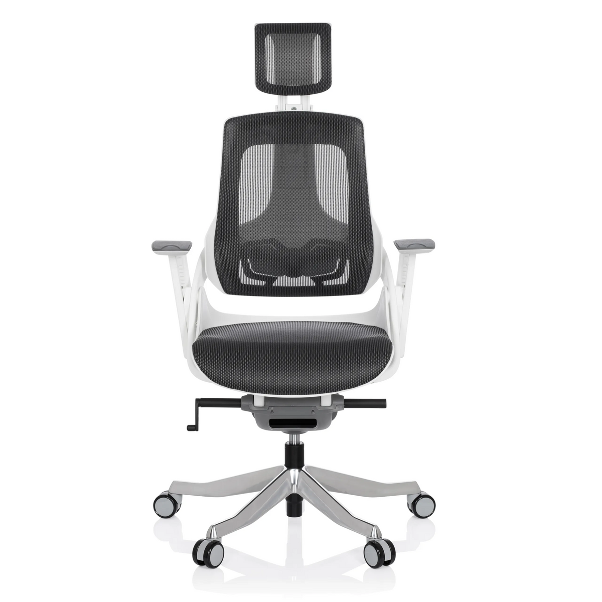 Sedia da ufficio professionale SPEKTRE grigia con schienale in rete e base a cinque ruote di hjh OFFICE – vista a 360° (vista frontale 0°)