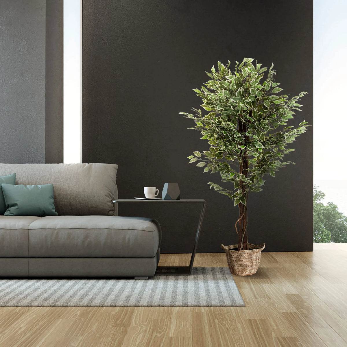 Piante artificiali FICUS di colore verde in un cesto intrecciato di hjh OFFICE