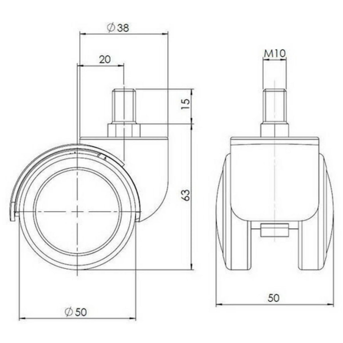 Disegno tecnico delle rotelle per sedia 5x ROLO M10/50mm con un diametro di 50 mm di hjh OFFICE