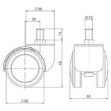 Disegno tecnico delle rotelle per sedia 5x ROLO M10/50mm con un diametro di 50 mm di hjh OFFICE