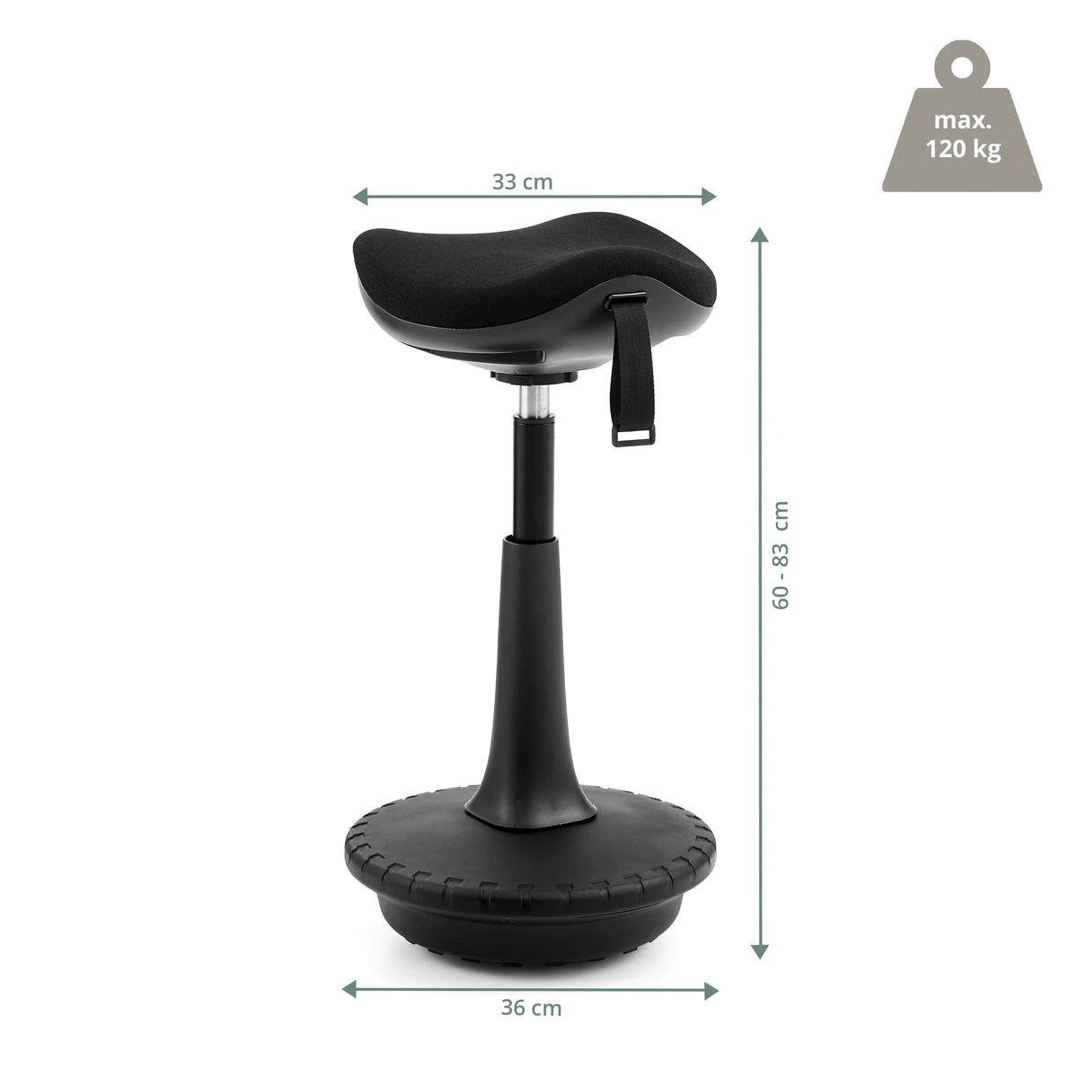 Disegno tecnico dell'ausilio per la posizione eretta Balance Sit Ergo con un'altezza di 60–83 cm di hjh OFFICE