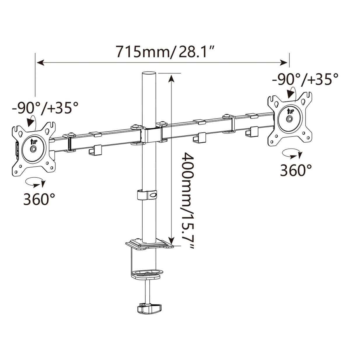 Disegno tecnico del Supporto per monitor Ergomount M2 con una larghezza di 715 mm di hjh OFFICE