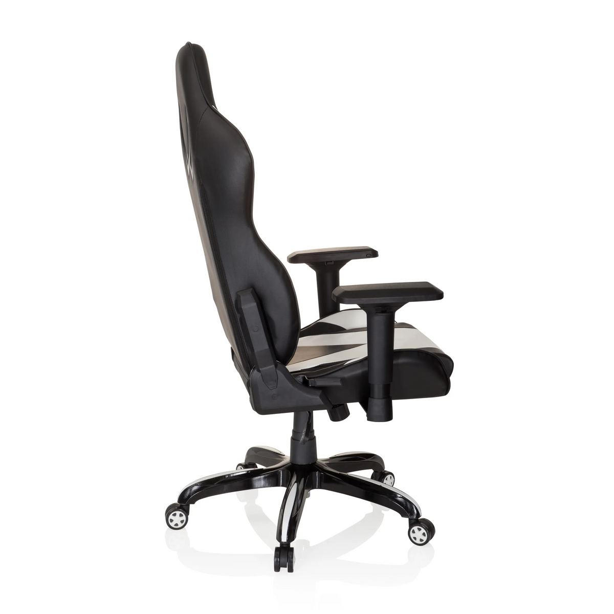 Sedia da gaming PROMOTER I bianca e nera con braccioli e base a cinque ruote di hjh OFFICE – vista a 360° (profilo laterale 100°)