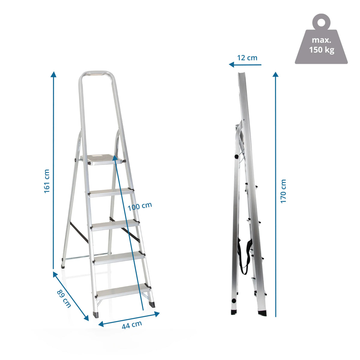 Disegno dimensionale della Scala richiudibile SOLID III con un'altezza di 170 cm e una portata di 150 kg di hjh OFFICE