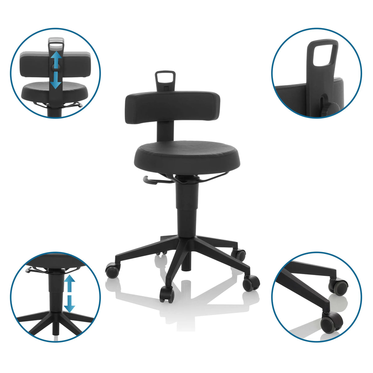 Sgabello girevole TOP WORK FLEX PU nero in ecopelle con schienale regolabile in altezza e ruote di hjh OFFICE
