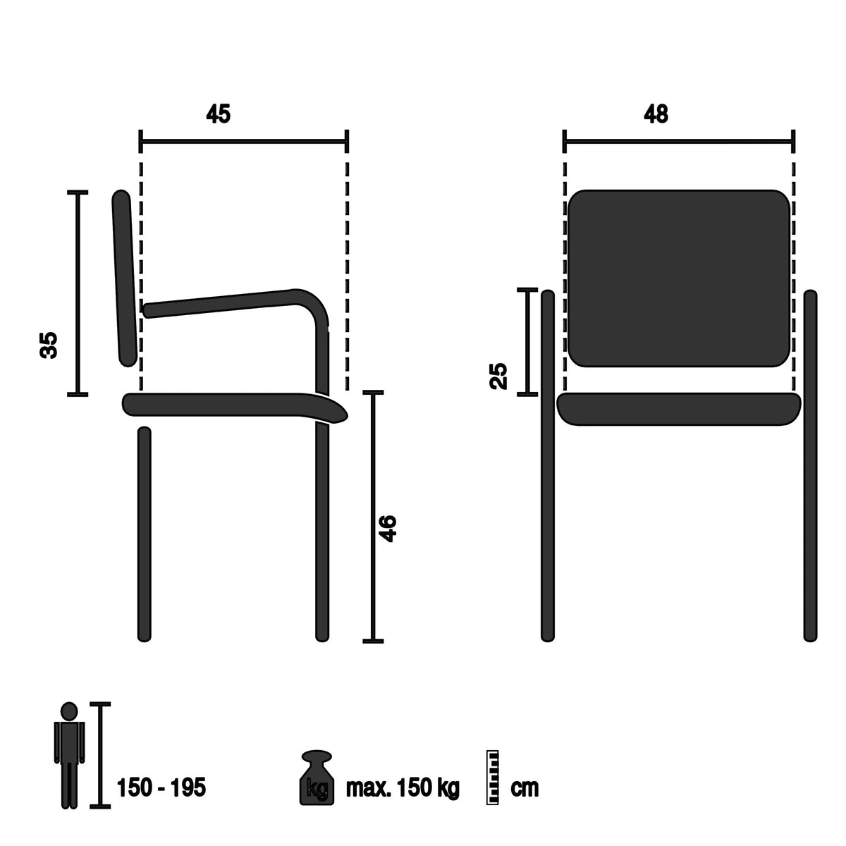 Disegno tecnico della Sedia a conchiglia OSLO W di hjh LIVING con una portata massima di 150 kg