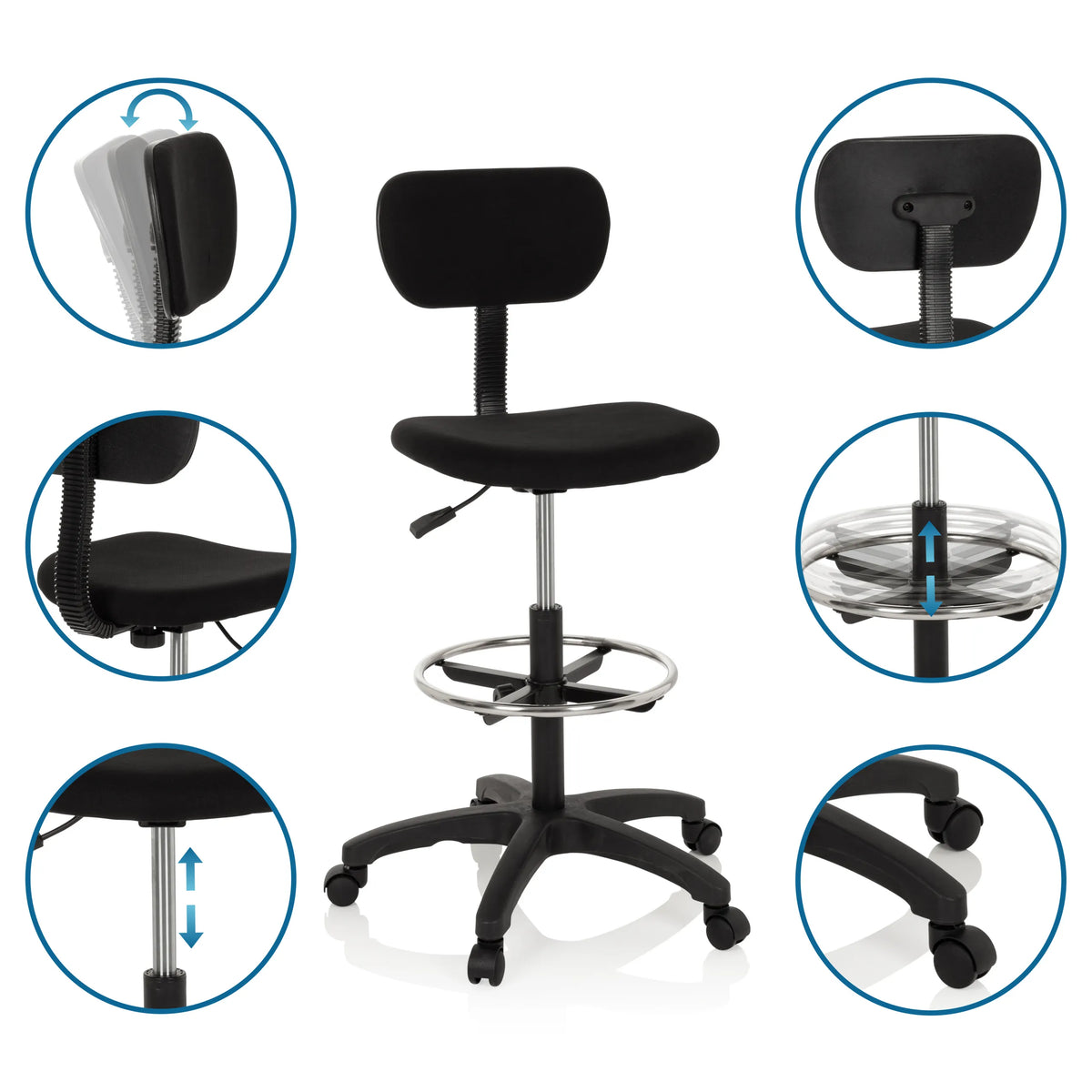 Counterstuhl TOP WORK 05 in Schwarz mit verstellbarer Rückenlehne und Fußring von hjh OFFICE