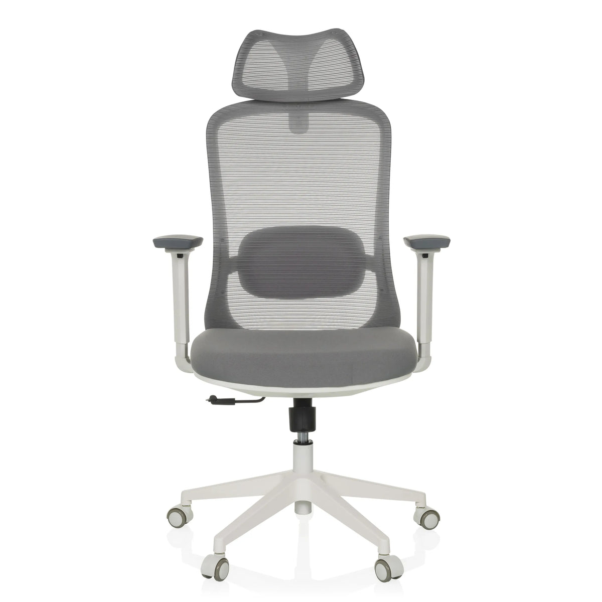 Sedia da ufficio professionale MIKEO G grigia con schienale in rete, poggiatesta e base a cinque ruote di hjh OFFICE – vista a 360° (vista frontale 0°)