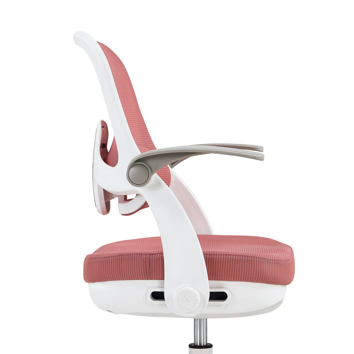 Vista laterale della sedia girevole per bambini Kiddy Smart Step in rosa con struttura bianca e bracciolo grigio di hjh OFFICE
