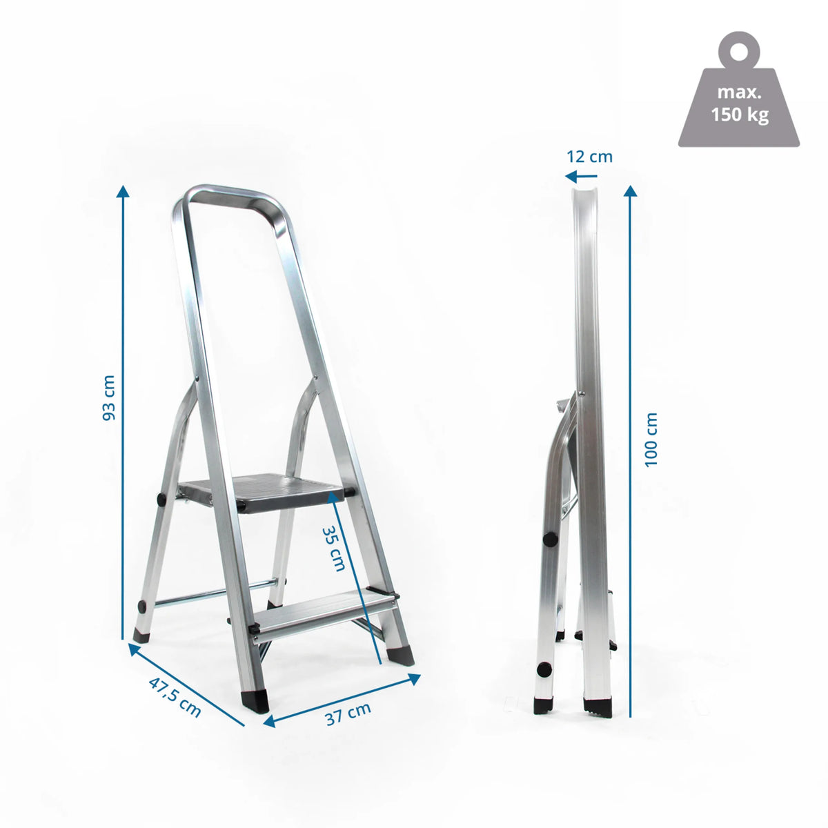 Maßzeichnung der Klappleiter SOLID I mit einer Höhe von 93 cm und einer Traglast von 150 kg von hjh OFFICE