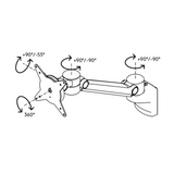 Disegno tecnico del supporto per monitor ORGPF con indicazioni degli angoli di inclinazione e rotazione di hjh OFFICE PRO