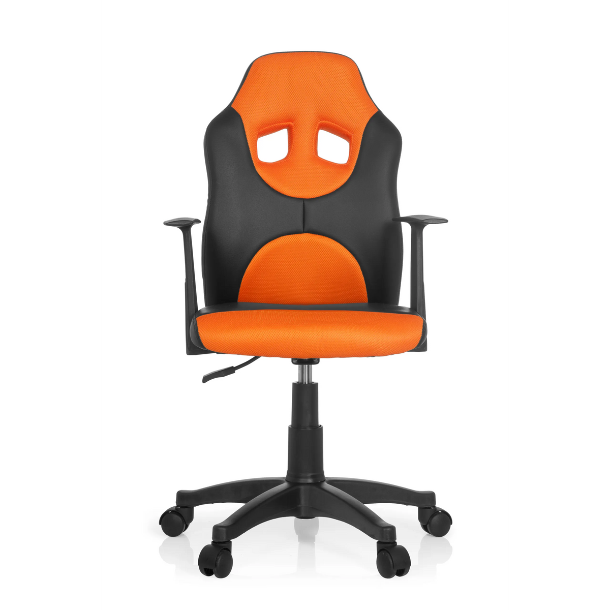 Sedia girevole per bambini KID GAME AL nero-arancione con schienale in rete e base a cinque ruote di hjh OFFICE – vista a 360° (vista frontale 0°)