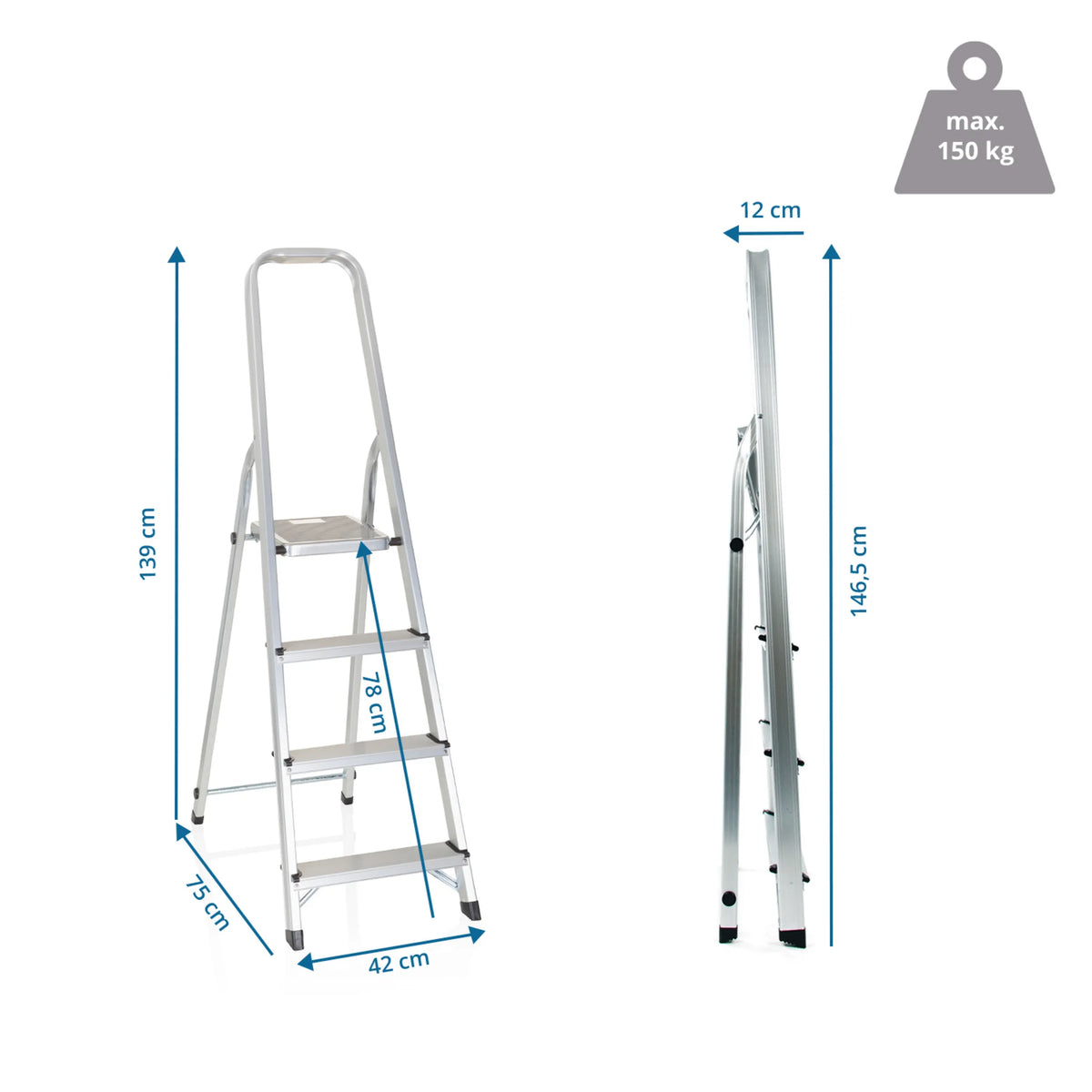 Disegno tecnico della Scala richiudibile SOLID II con un'altezza di 139 cm e una portata di 150 kg di hjh OFFICE