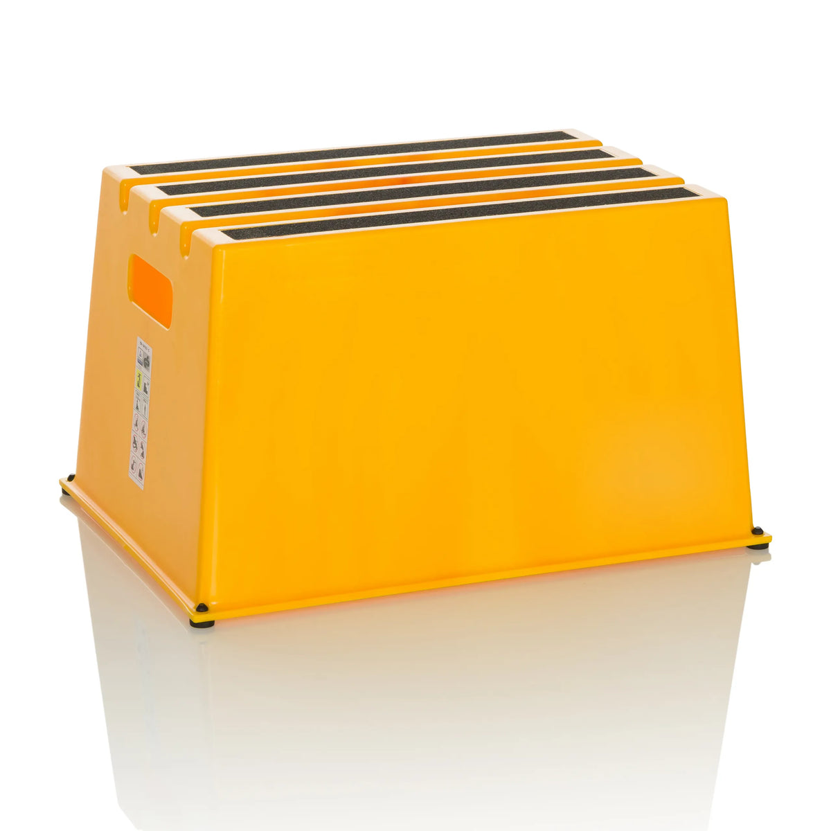 Sgabello giallo TIO-E1 con tre gradini antiscivolo di hjh OFFICE – vista a 360° (vista frontale 15°)