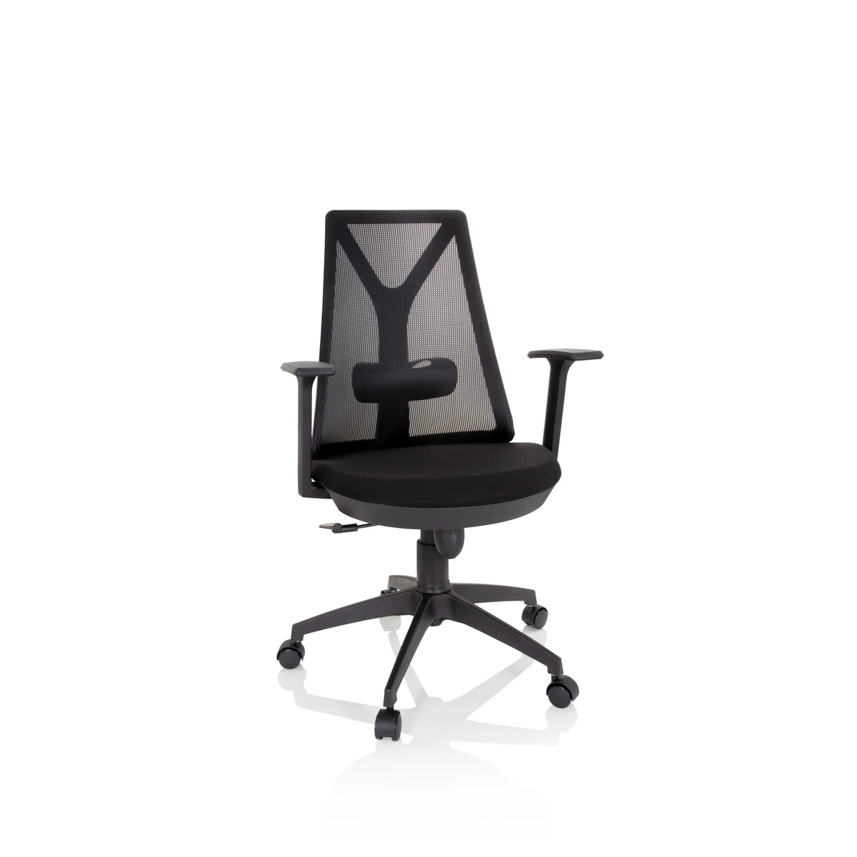 Sedia Home Office FALUN BASIC nera con schienale in rete e base a cinque ruote di hjh OFFICE – vista a 360° (vista frontale 20°)