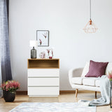 Cassettiera MELMO K in bianco e rovere con tre cassetti e un vano aperto di hjh LIVING