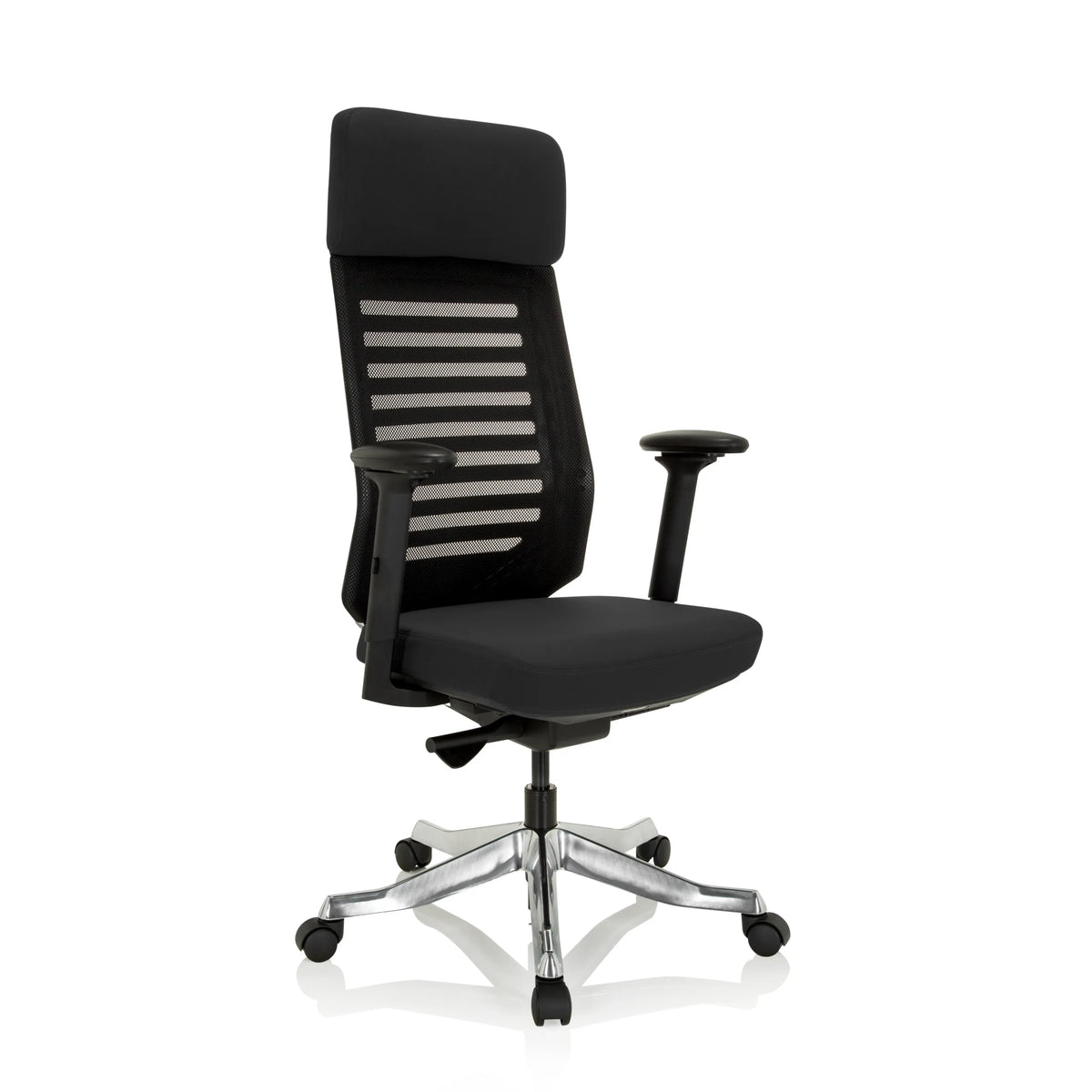 Sedia da ufficio professionale ASGON nera con schienale in rete e base a cinque ruote di hjh OFFICE – vista a 360° (vista frontale a tre quarti 40°)