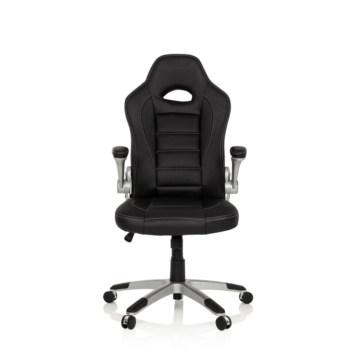 Sedia da gaming nera GAME SPORT con poggiatesta, braccioli e base argentata a cinque ruote di hjh OFFICE – vista a 360° (vista frontale 0°)