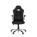 Sedia da gaming nera GAME SPORT con poggiatesta, braccioli e base argentata a cinque ruote di hjh OFFICE – vista a 360° (vista frontale 0°)