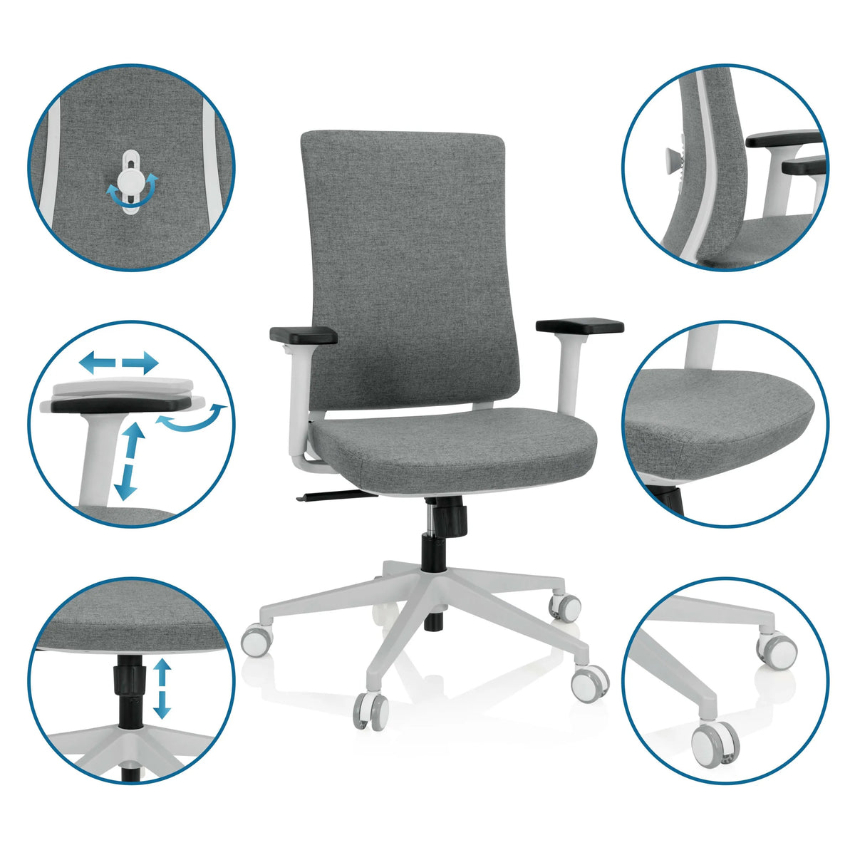 Sedia da ufficio professionale COMFIO WP in grigio con viste dettagliate delle funzioni regolabili e delle rotelle di hjh OFFICE