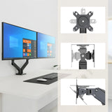 Due monitor su un supporto per monitor Ergomount GF2 nero, incluse viste dettagliate dei giunti di hjh OFFICE