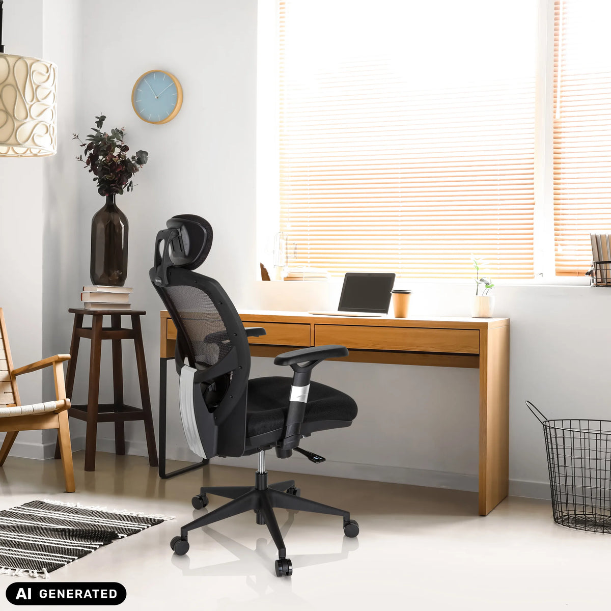 Sedia da ufficio high-end VENUS BASE nera con schienale in rete e poggiatesta in home office di hjh OFFICE (immagine generata dall’IA)