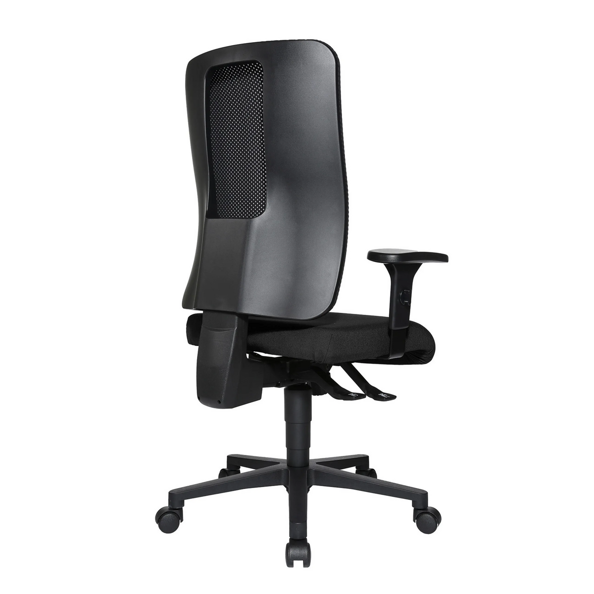 Sedia da ufficio professionale HJH WORK PRO nera con schienale in rete e base a cinque ruote di Topstar – vista a 360° (vista posteriore 180°)