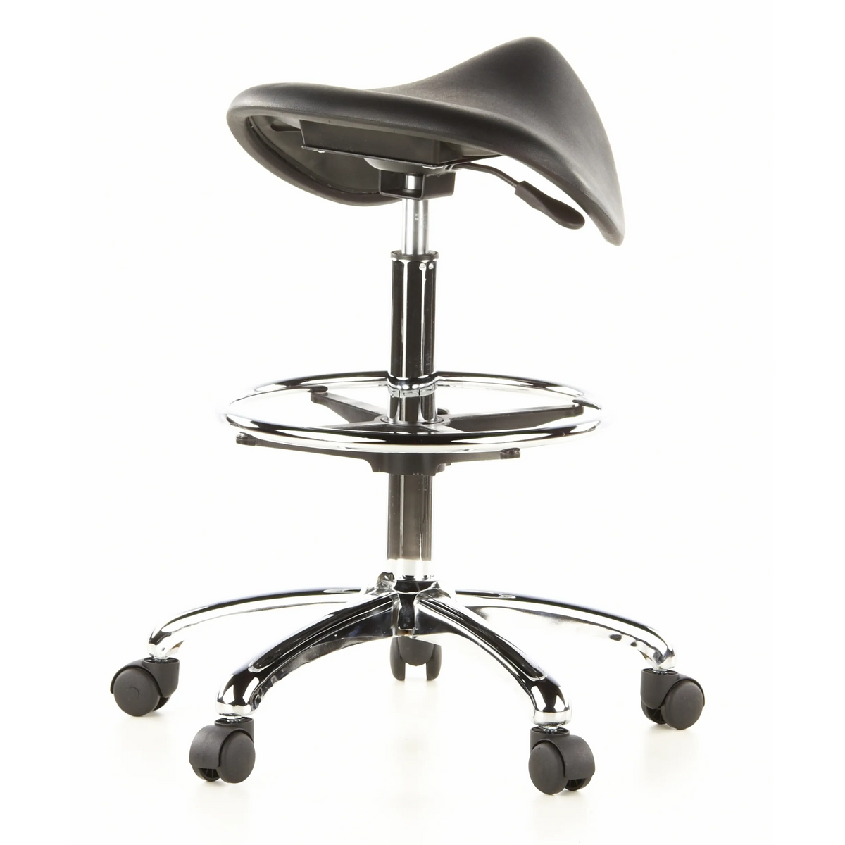 Sgabello a sella TOP WORK 13 nero con poggiapiedi e base a cinque ruote di hjh OFFICE – vista a 360° (vista posteriore a tre quarti 140°)